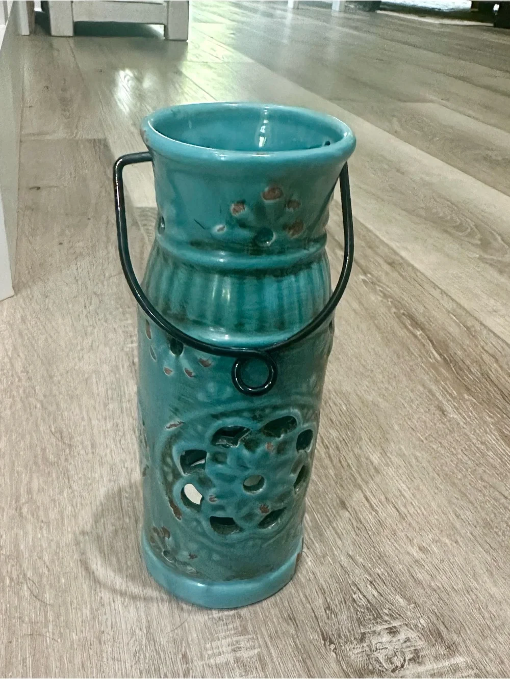 Ceramic Turquoise Lantern Vase with Handle